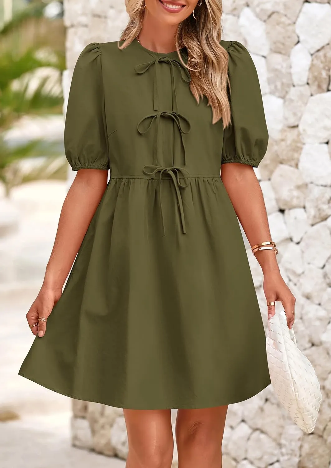 PRETTYGARDEN Womens 2025 Summer Casual Short Sleeve Dresses A Line Bow Tie Front Babydoll Loose Cute Mini Dress with Pockets