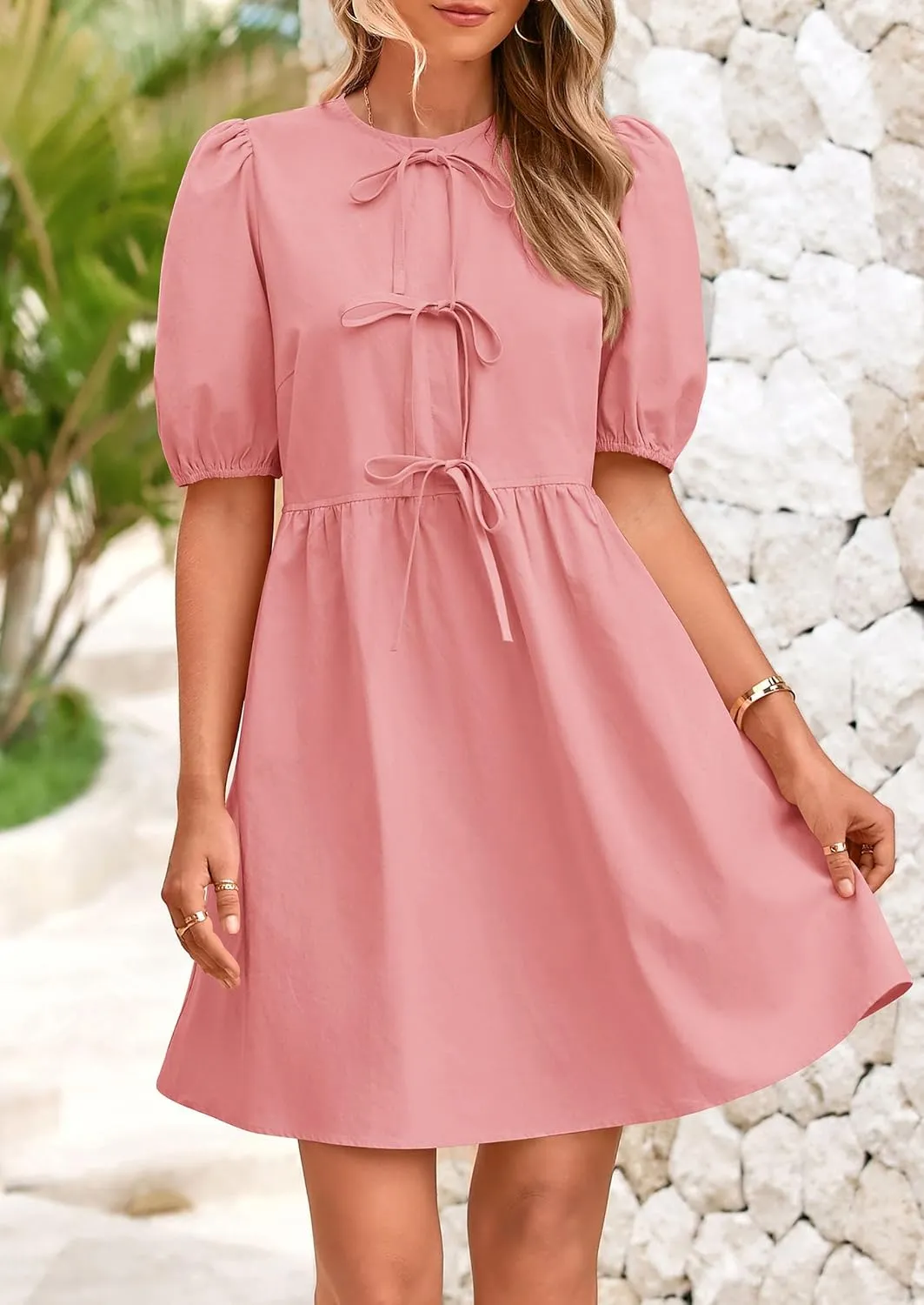 PRETTYGARDEN Womens 2025 Summer Casual Short Sleeve Dresses A Line Bow Tie Front Babydoll Loose Cute Mini Dress with Pockets
