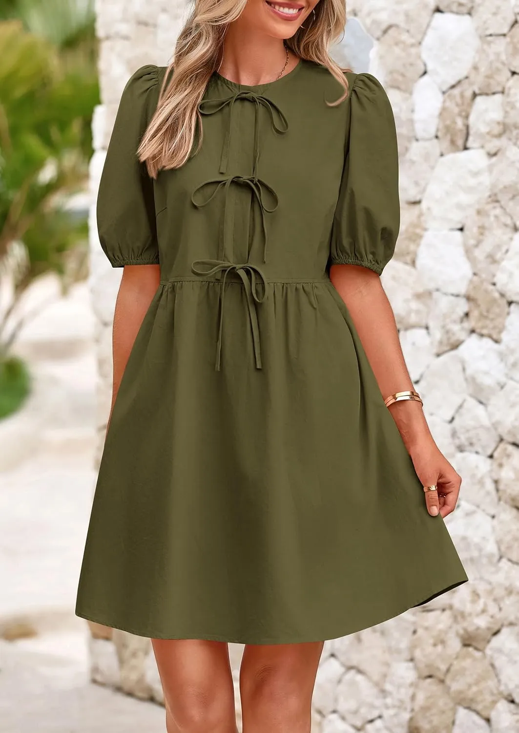 PRETTYGARDEN Womens 2025 Summer Casual Short Sleeve Dresses A Line Bow Tie Front Babydoll Loose Cute Mini Dress with Pockets