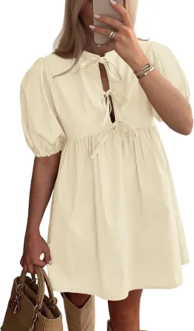 PRETTYGARDEN Womens 2025 Summer Casual Short Sleeve Dresses A Line Bow Tie Front Babydoll Loose Cute Mini Dress with Pockets