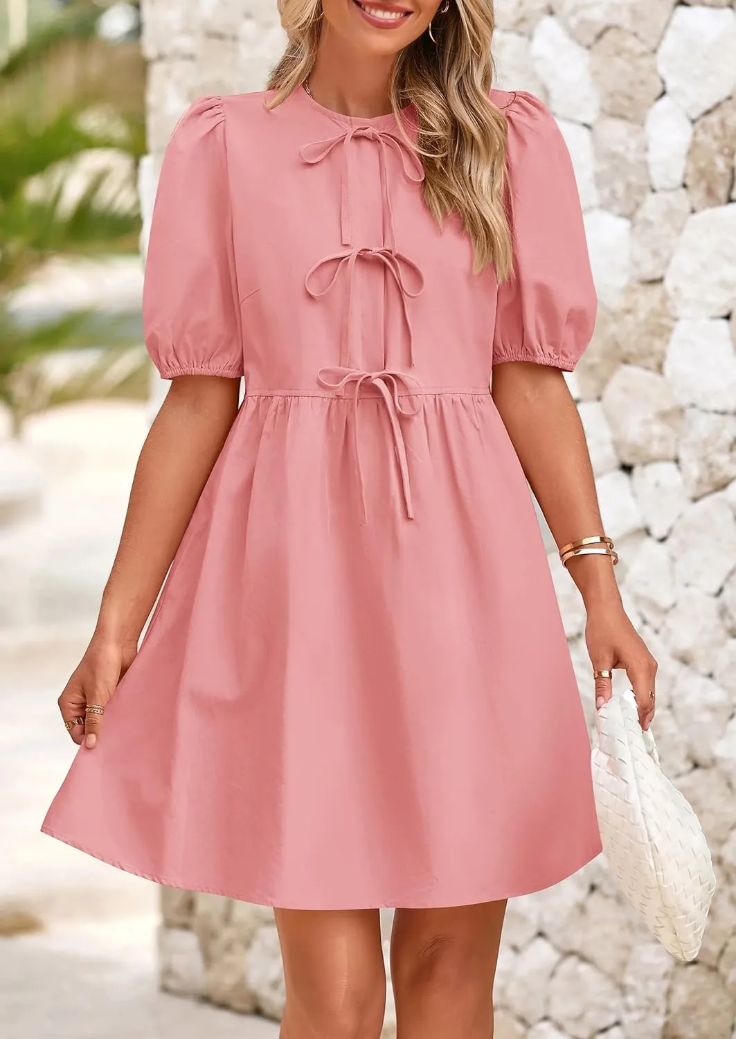 PRETTYGARDEN Womens 2025 Summer Casual Short Sleeve Dresses A Line Bow Tie Front Babydoll Loose Cute Mini Dress with Pockets