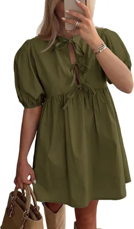 PRETTYGARDEN Womens 2025 Summer Casual Short Sleeve Dresses A Line Bow Tie Front Babydoll Loose Cute Mini Dress with Pockets
