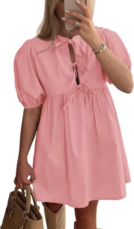 PRETTYGARDEN Womens 2025 Summer Casual Short Sleeve Dresses A Line Bow Tie Front Babydoll Loose Cute Mini Dress with Pockets