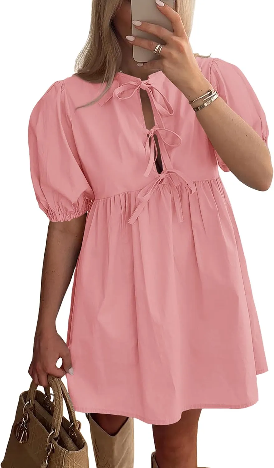 PRETTYGARDEN Womens 2025 Summer Casual Short Sleeve Dresses A Line Bow Tie Front Babydoll Loose Cute Mini Dress with Pockets