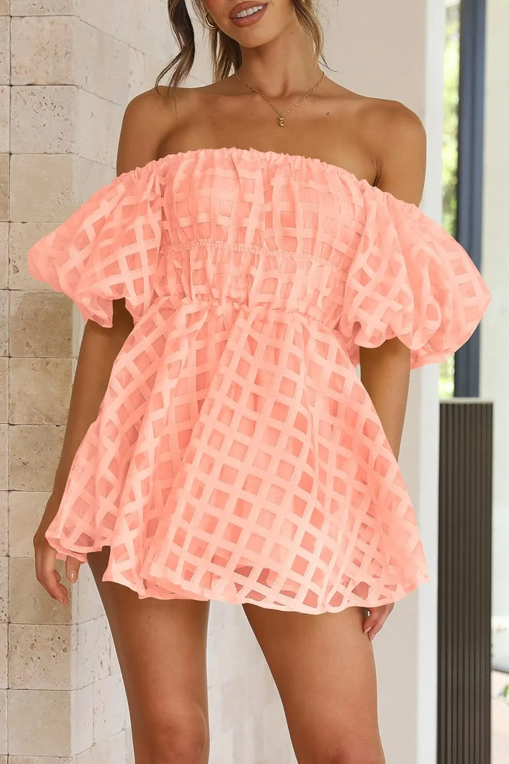 PRETTYGARDEN Women's Off The Shoulder Babydoll Dress Short Puff Sleeve Casual A Line Ruffle Summer Dresses