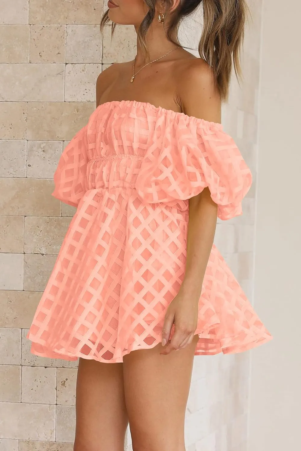 PRETTYGARDEN Women's Off The Shoulder Babydoll Dress Short Puff Sleeve Casual A Line Ruffle Summer Dresses