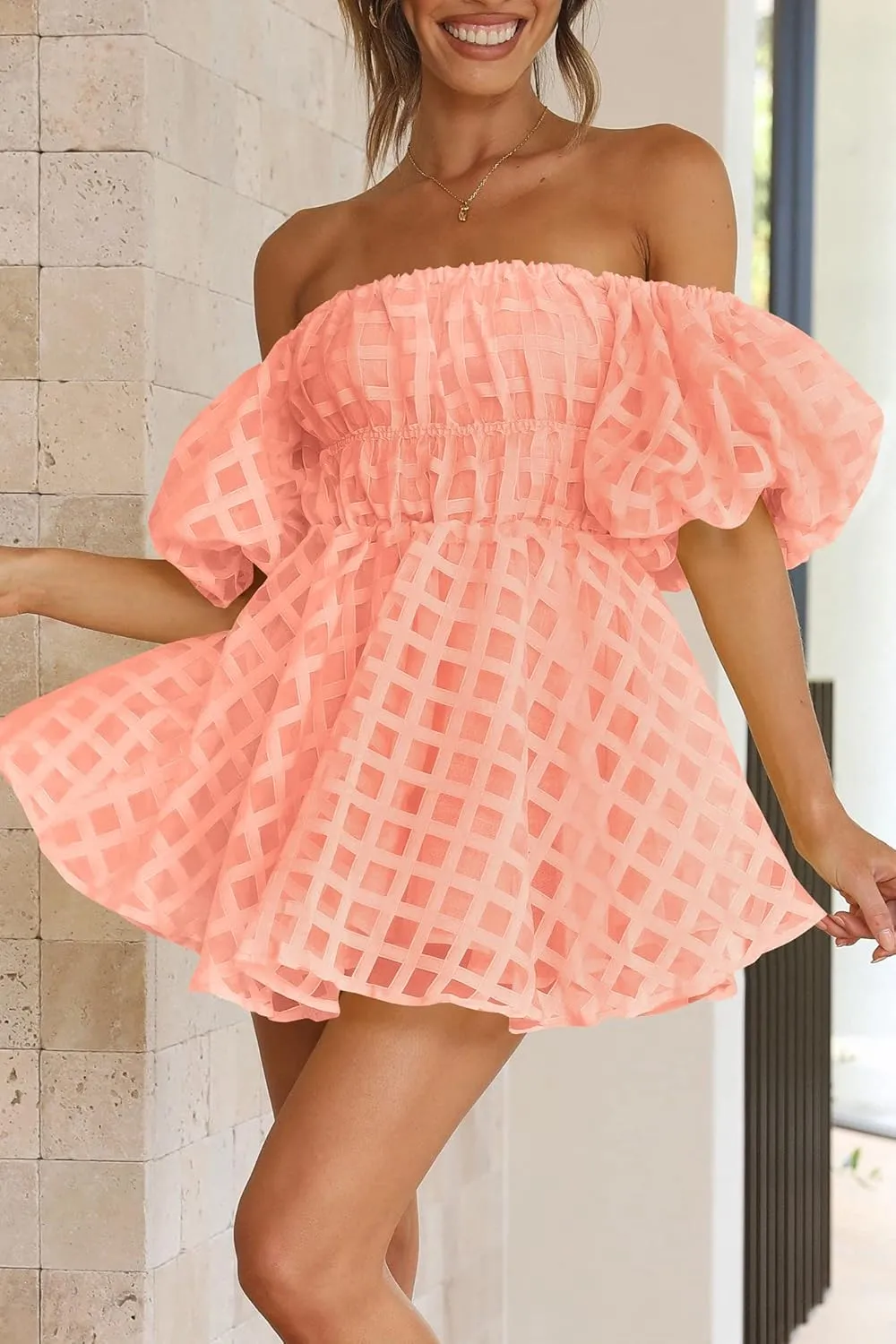 PRETTYGARDEN Women's Off The Shoulder Babydoll Dress Short Puff Sleeve Casual A Line Ruffle Summer Dresses