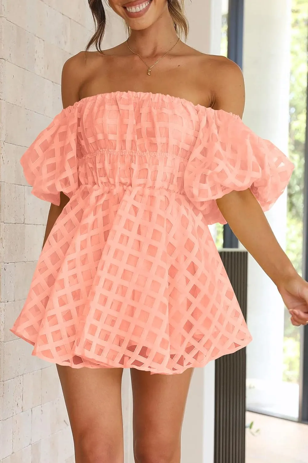 PRETTYGARDEN Women's Off The Shoulder Babydoll Dress Short Puff Sleeve Casual A Line Ruffle Summer Dresses