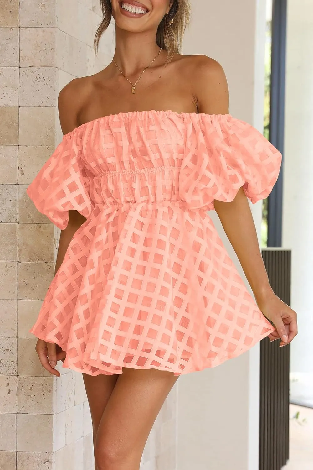 PRETTYGARDEN Women's Off The Shoulder Babydoll Dress Short Puff Sleeve Casual A Line Ruffle Summer Dresses