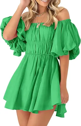PRETTYGARDEN Women's Off The Shoulder Babydoll Dress Short Puff Sleeve Casual A Line Ruffle Summer Dresses