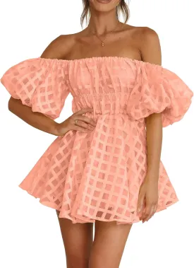 PRETTYGARDEN Women's Off The Shoulder Babydoll Dress Short Puff Sleeve Casual A Line Ruffle Summer Dresses