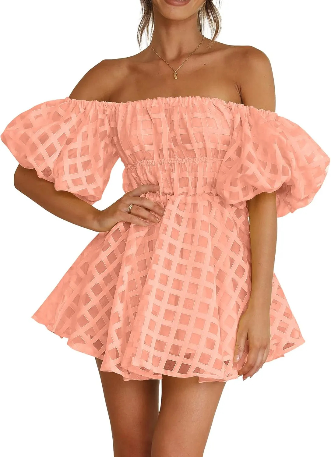 PRETTYGARDEN Women's Off The Shoulder Babydoll Dress Short Puff Sleeve Casual A Line Ruffle Summer Dresses
