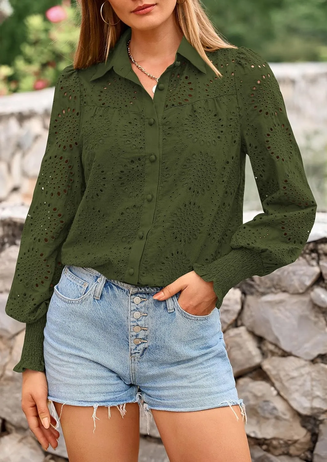 PRETTYGARDEN Women's Spring Button Down Shirts Dressy Casual Fall Long Puff Sleeve Eyelet Loose Fit Collared Blouse Top