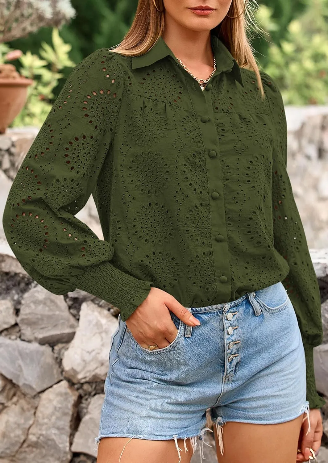 PRETTYGARDEN Women's Spring Button Down Shirts Dressy Casual Fall Long Puff Sleeve Eyelet Loose Fit Collared Blouse Top