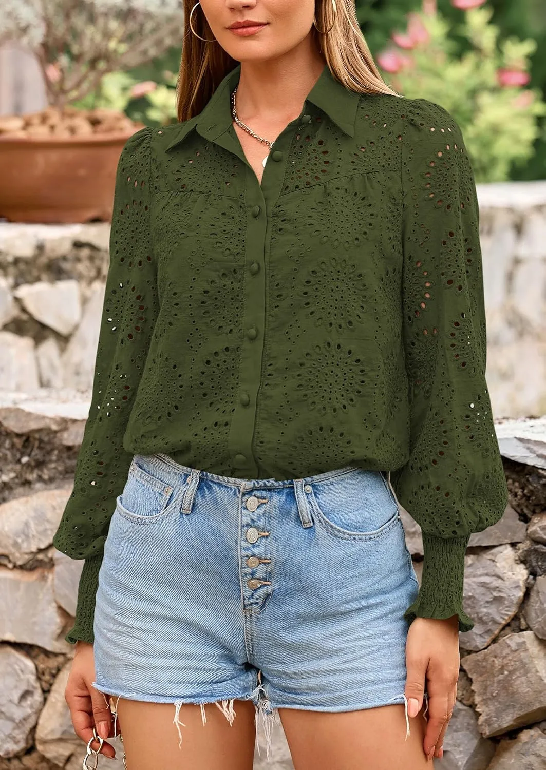 PRETTYGARDEN Women's Spring Button Down Shirts Dressy Casual Fall Long Puff Sleeve Eyelet Loose Fit Collared Blouse Top