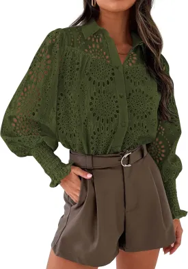 PRETTYGARDEN Women's Spring Button Down Shirts Dressy Casual Fall Long Puff Sleeve Eyelet Loose Fit Collared Blouse Top