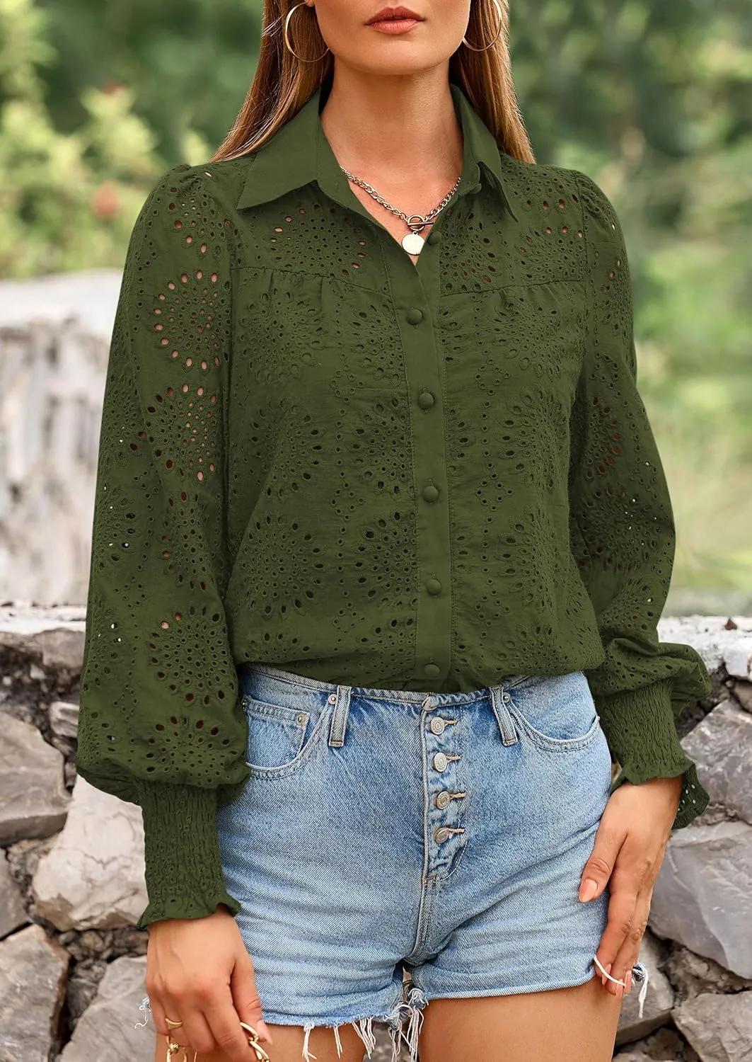 PRETTYGARDEN Women's Spring Button Down Shirts Dressy Casual Fall Long Puff Sleeve Eyelet Loose Fit Collared Blouse Top