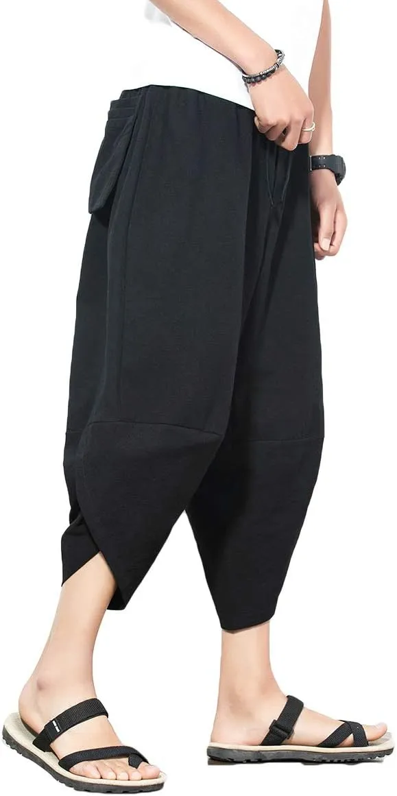 PRIJOUHE Men's Harem Capri Pants, Wide Leg Mens Capris, Summer Linen Pants