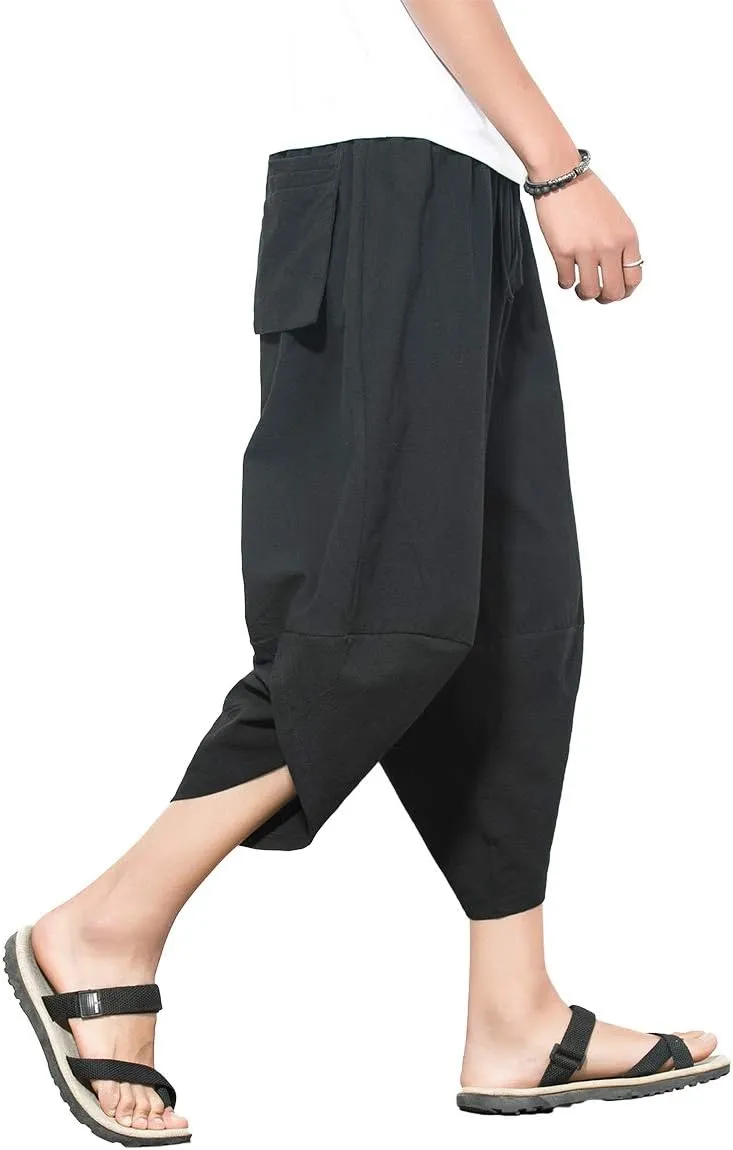 PRIJOUHE Men's Harem Capri Pants, Wide Leg Mens Capris, Summer Linen Pants