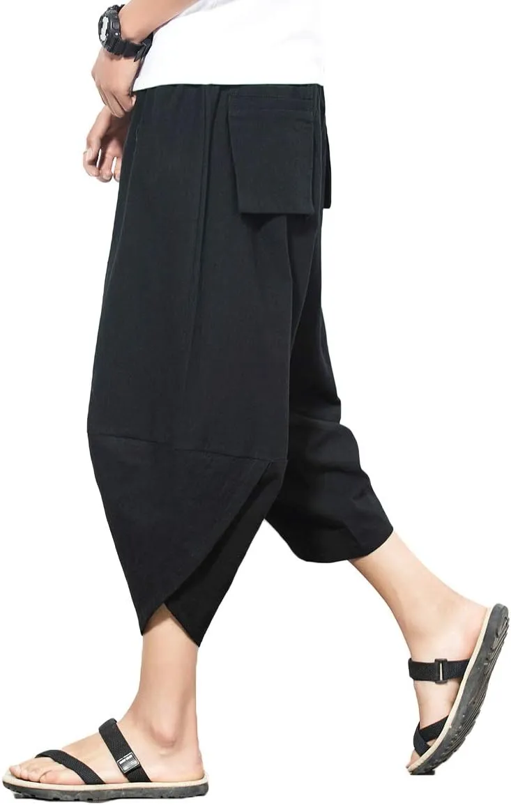PRIJOUHE Men's Harem Capri Pants, Wide Leg Mens Capris, Summer Linen Pants