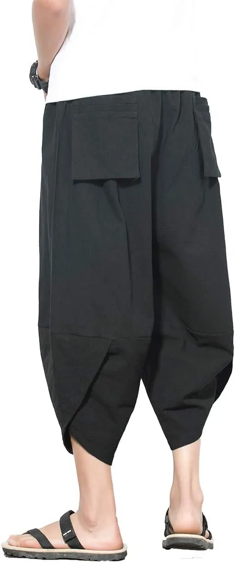 PRIJOUHE Men's Harem Capri Pants, Wide Leg Mens Capris, Summer Linen Pants