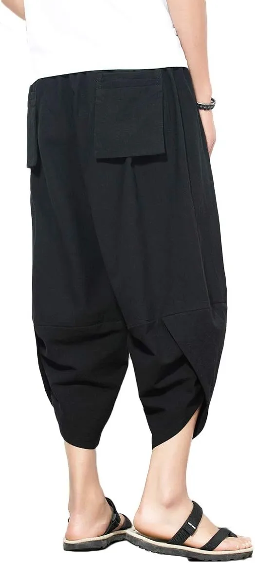 PRIJOUHE Men's Harem Capri Pants, Wide Leg Mens Capris, Summer Linen Pants