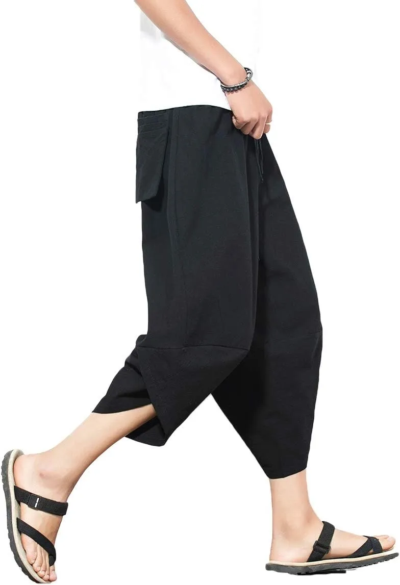 PRIJOUHE Men's Harem Capri Pants, Wide Leg Mens Capris, Summer Linen Pants