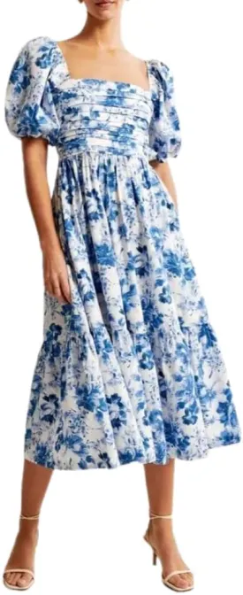Puff Sleeve Midi Dress, Women's Summer Casual Flowy Beach Floral Ruffle Hem Maxi Dresses