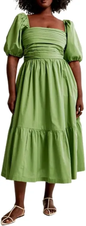 Puff Sleeve Midi Dress, Women's Summer Casual Flowy Beach Floral Ruffle Hem Maxi Dresses