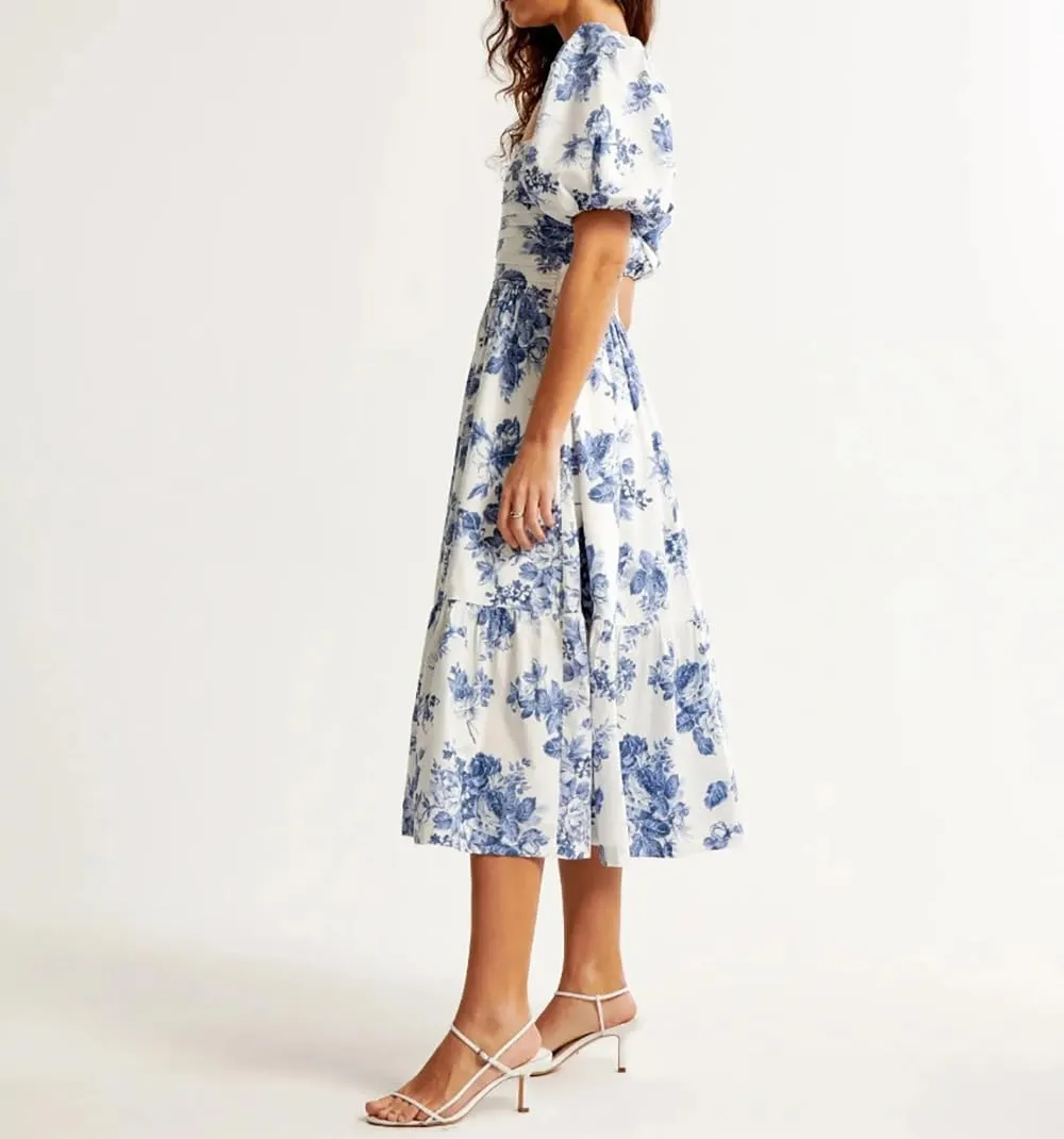 Puff Sleeve Midi Dress, Women's Summer Casual Flowy Beach Floral Ruffle Hem Maxi Dresses