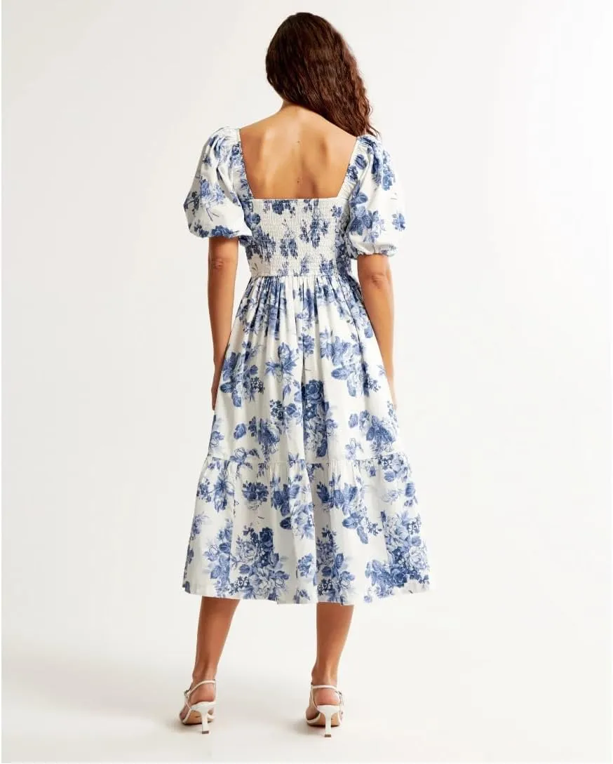 Puff Sleeve Midi Dress, Women's Summer Casual Flowy Beach Floral Ruffle Hem Maxi Dresses