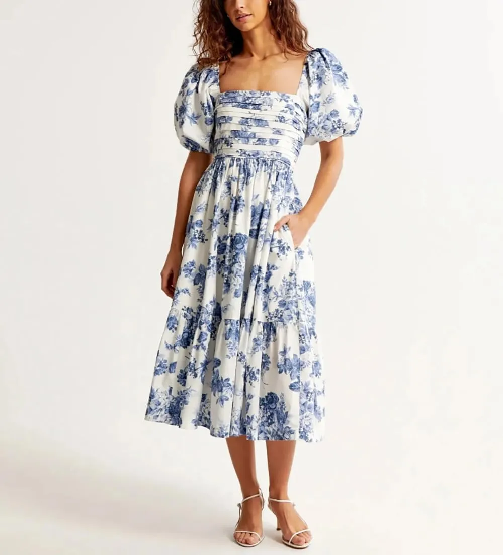 Puff Sleeve Midi Dress, Women's Summer Casual Flowy Beach Floral Ruffle Hem Maxi Dresses