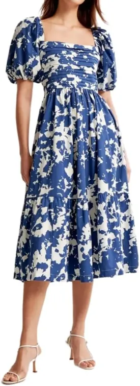 Puff Sleeve Midi Dress, Women's Summer Casual Flowy Beach Floral Ruffle Hem Maxi Dresses