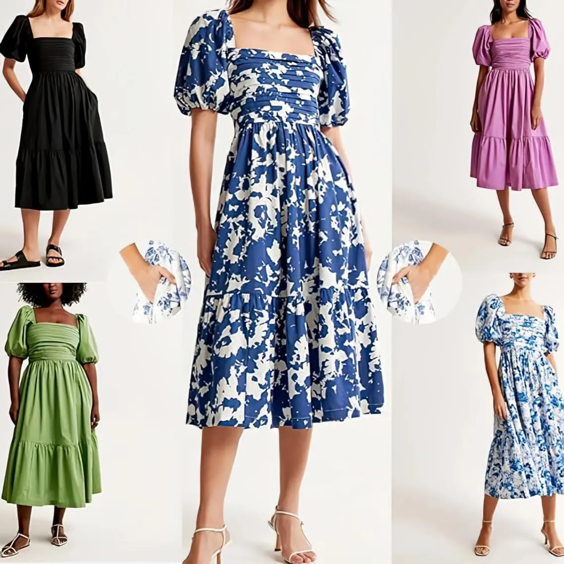 Puff Sleeve Midi Dress, Women's Summer Casual Flowy Beach Floral Ruffle Hem Maxi Dresses