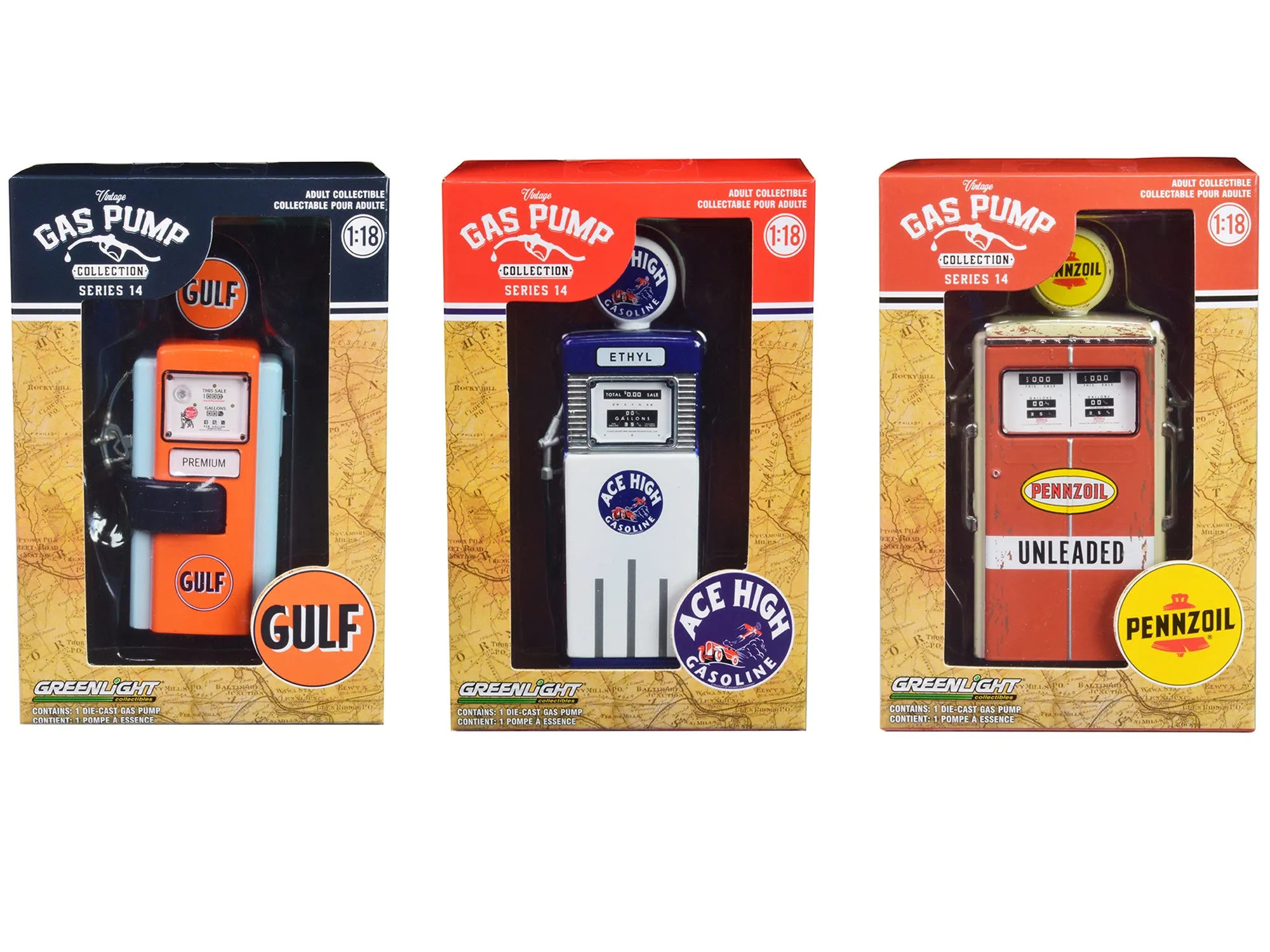 "Vintage Gas Pump" Set of 3 Pumps Series 14 1/18 Diecast Models by Greenlight