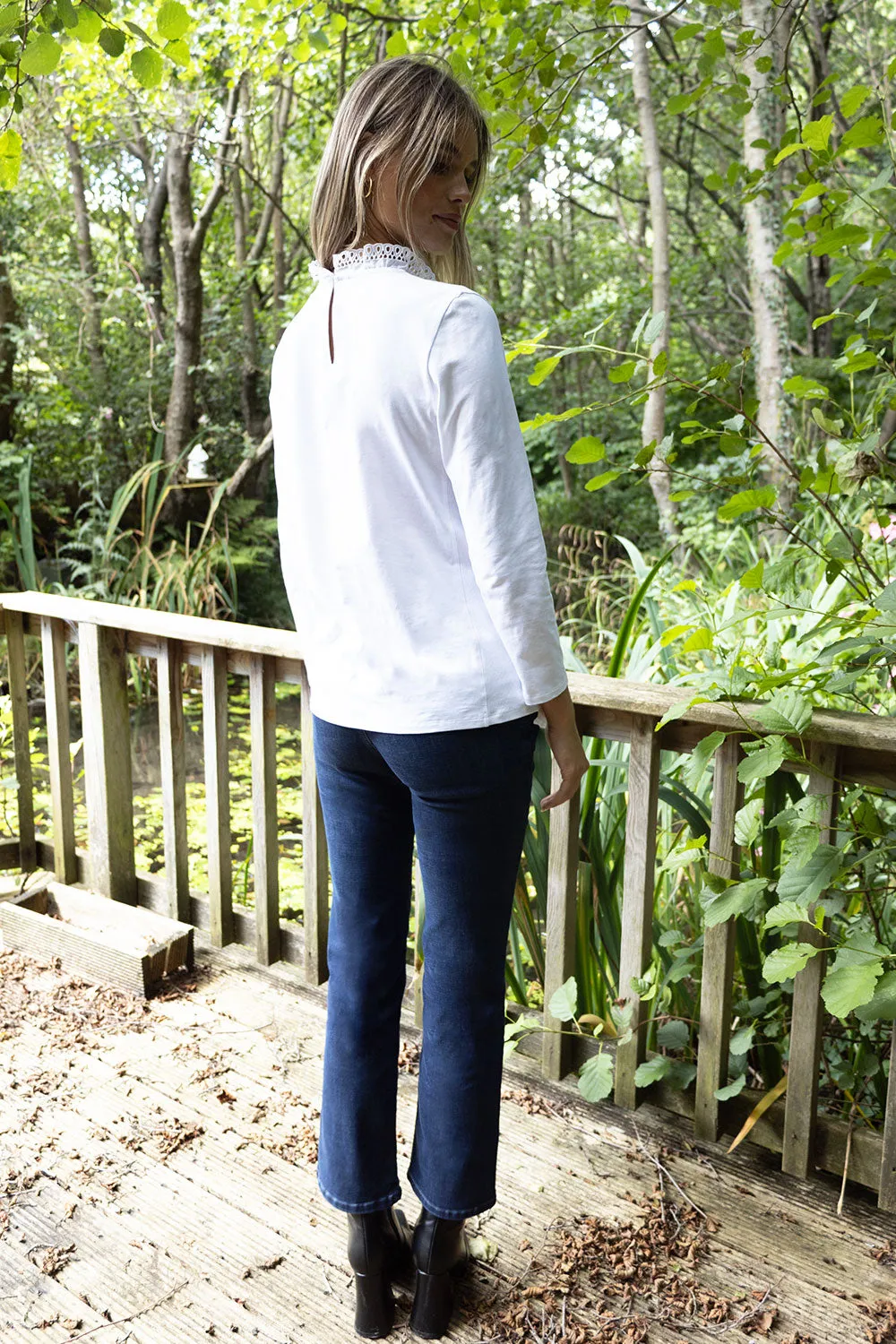 Russell White Cotton Long Sleeve top with High lace neckline