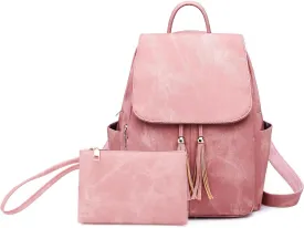 Saddhu Backpack Handbag with Wallet Faux Leather Fringe Shoulder Purse Fashion Daypack Bag for Hiking Travel Pink