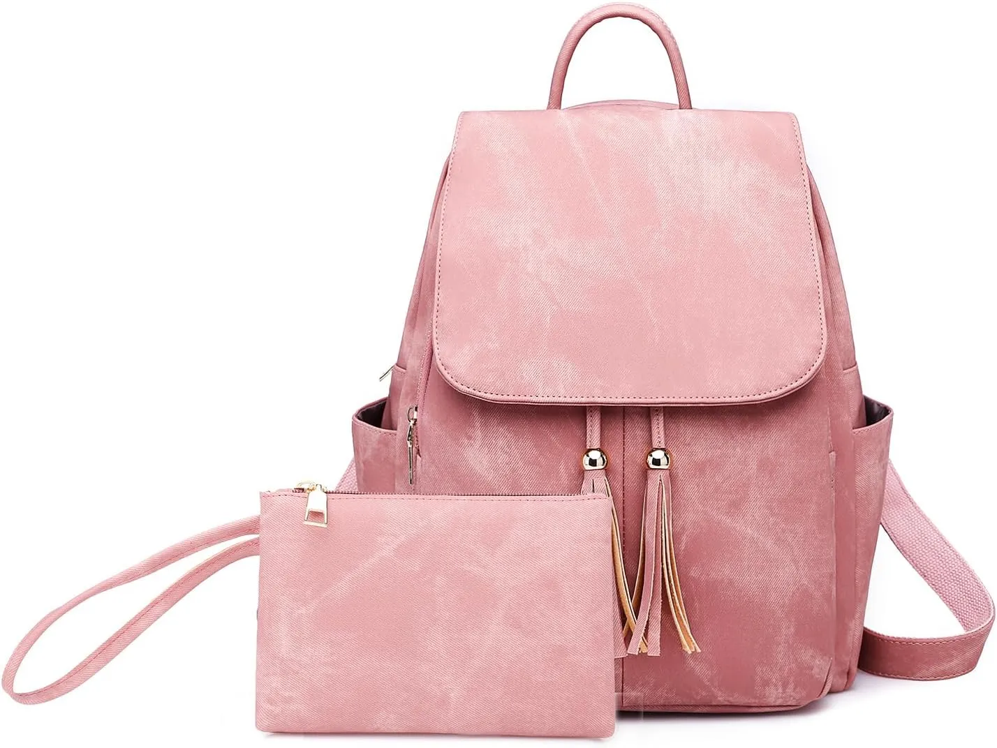 Saddhu Backpack Handbag with Wallet Faux Leather Fringe Shoulder Purse Fashion Daypack Bag for Hiking Travel Pink
