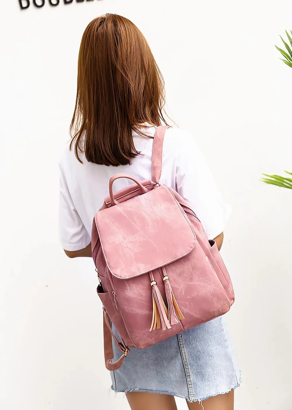 Saddhu Backpack Handbag with Wallet Faux Leather Fringe Shoulder Purse Fashion Daypack Bag for Hiking Travel Pink