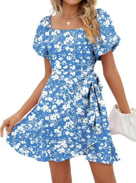 SAMPEEL Womens Summer Dresses Square Neck Puff Sleeve Tie Waist Short Dress