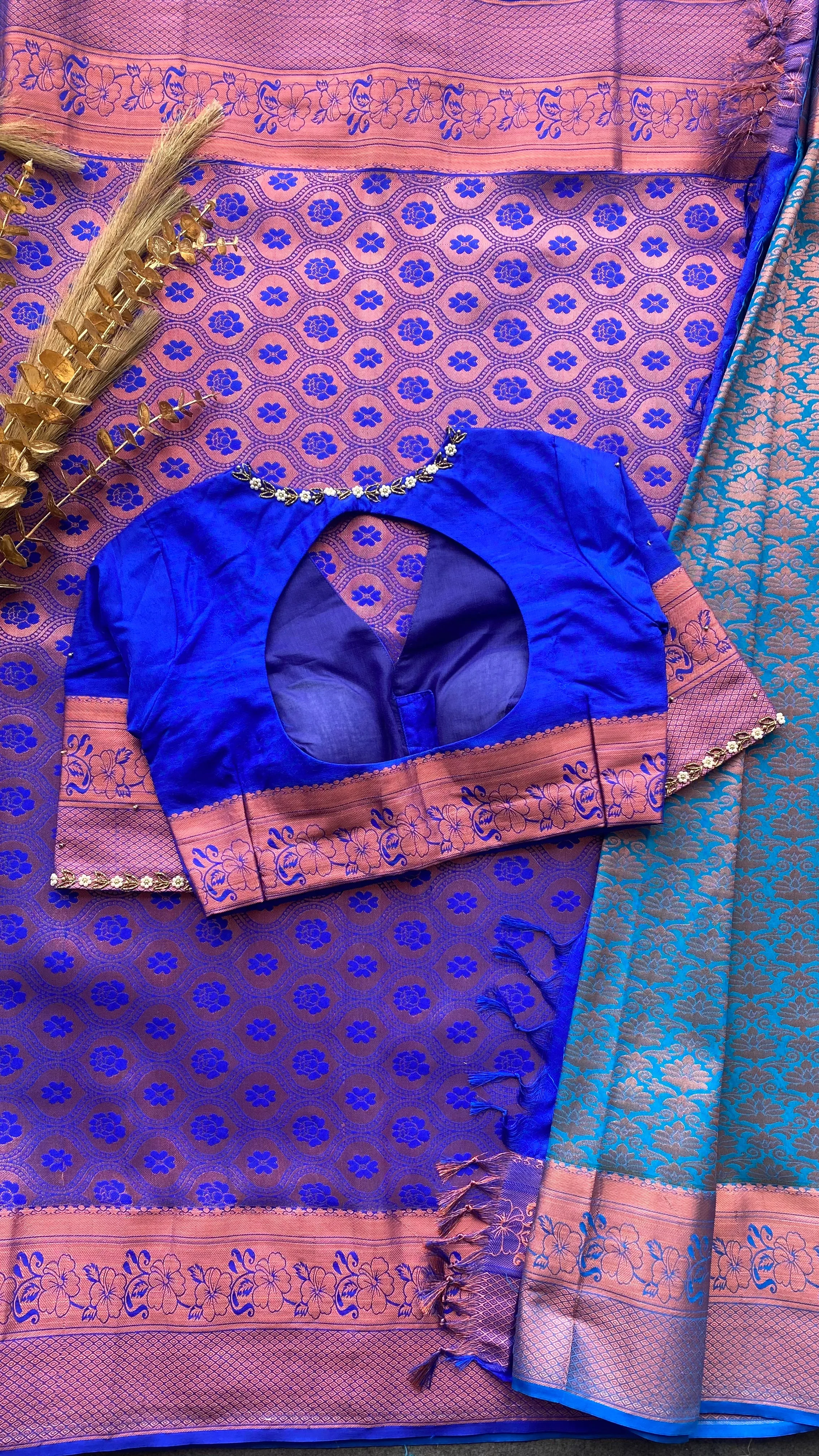 Sea blue and blue silk saree with hand work blouse