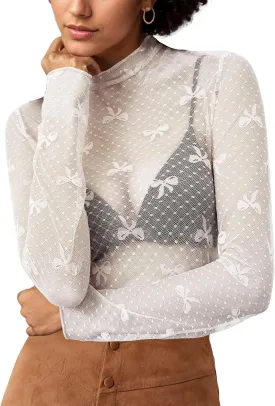 Sexy Lace Mesh Top Long Sleeve Sheer Top for Women See Though Mock Neck Bow Tee Shirt Blouse