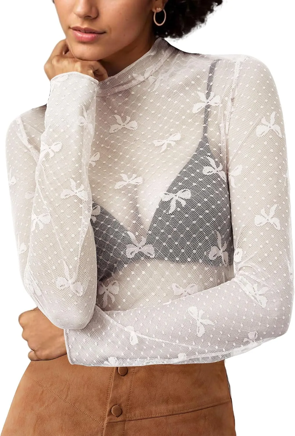 Sexy Lace Mesh Top Long Sleeve Sheer Top for Women See Though Mock Neck Bow Tee Shirt Blouse
