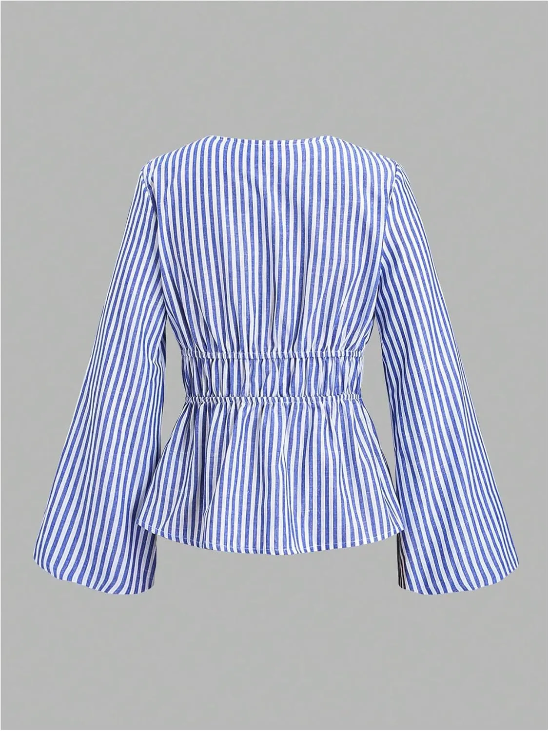 SHENHE Women's Striped Tie Front Bell Sleeve Blouse Deep V Neck Elegant Peplum Top Shirt