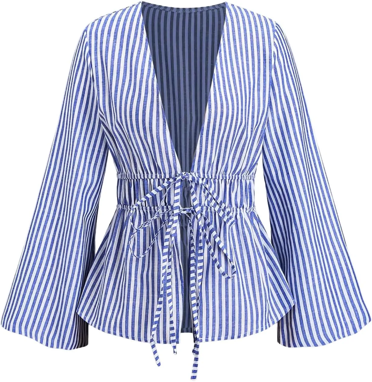 SHENHE Women's Striped Tie Front Bell Sleeve Blouse Deep V Neck Elegant Peplum Top Shirt
