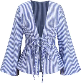 SHENHE Women's Striped Tie Front Bell Sleeve Blouse Deep V Neck Elegant Peplum Top Shirt