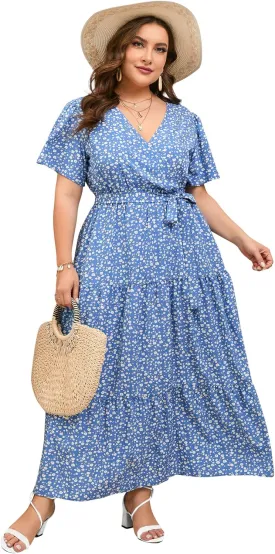 ShopWonder Womens Plus Size V Neck Wrap Maxi Dress High Waist Ruffle Summer Casual Dress with Belt