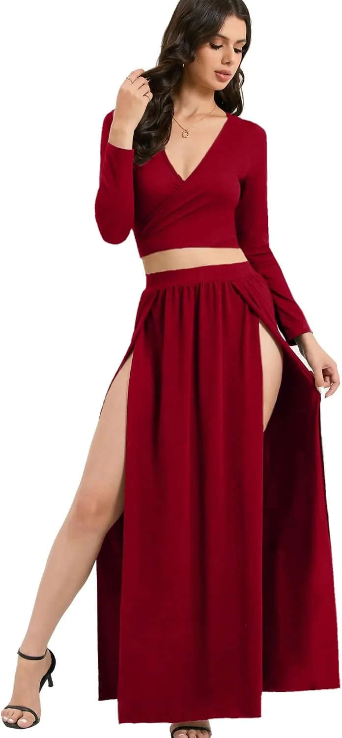SILUI Women's High Waist Double Slit Sexy Plus Size Thigh Split Flowy Long Maxi Skirt