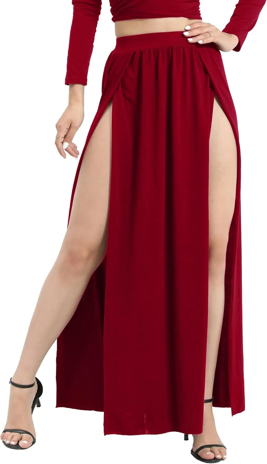 SILUI Women's High Waist Double Slit Sexy Plus Size Thigh Split Flowy Long Maxi Skirt