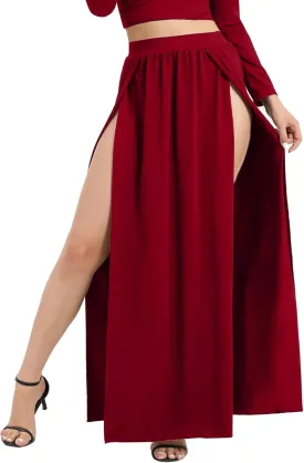 SILUI Women's High Waist Double Slit Sexy Plus Size Thigh Split Flowy Long Maxi Skirt